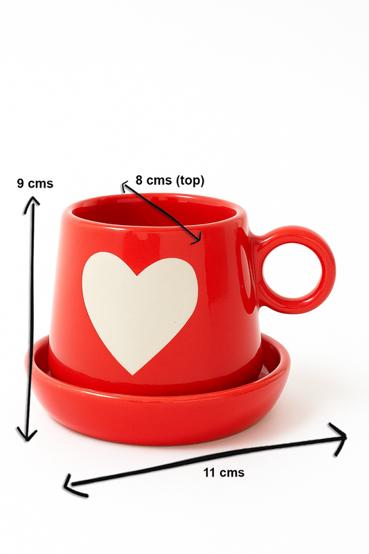 Red Heart Ceramic Cup with Saucer | Cute Coffee Mug Set | 9 cm Height × 8 cm Top Diameter