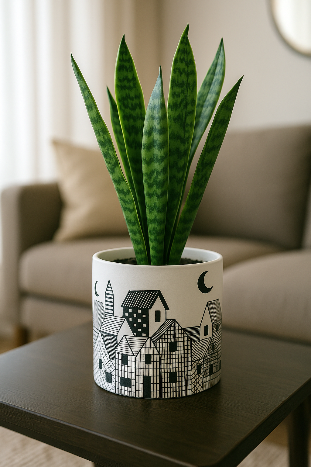 Black & White Ceramic Planter | Handcrafted Pot with Artistic House Design | 5 inch