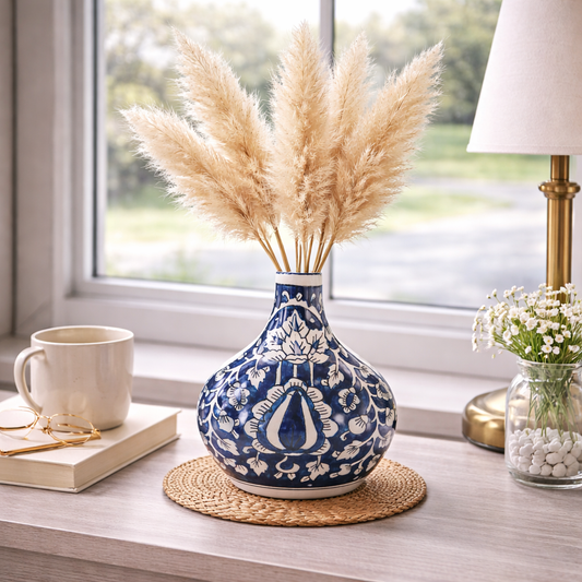 House of Elegance Hub Blue & White Printed Ceramic Vase | Handcrafted Decorative Flower Vase for Home Décor | Classic Tabletop Accent Vase (17 cm Height)