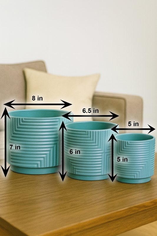 Premium Ceramic Teal Blue Abstract Planters | Set of 3 Artistic Pots | Modern Home Décor