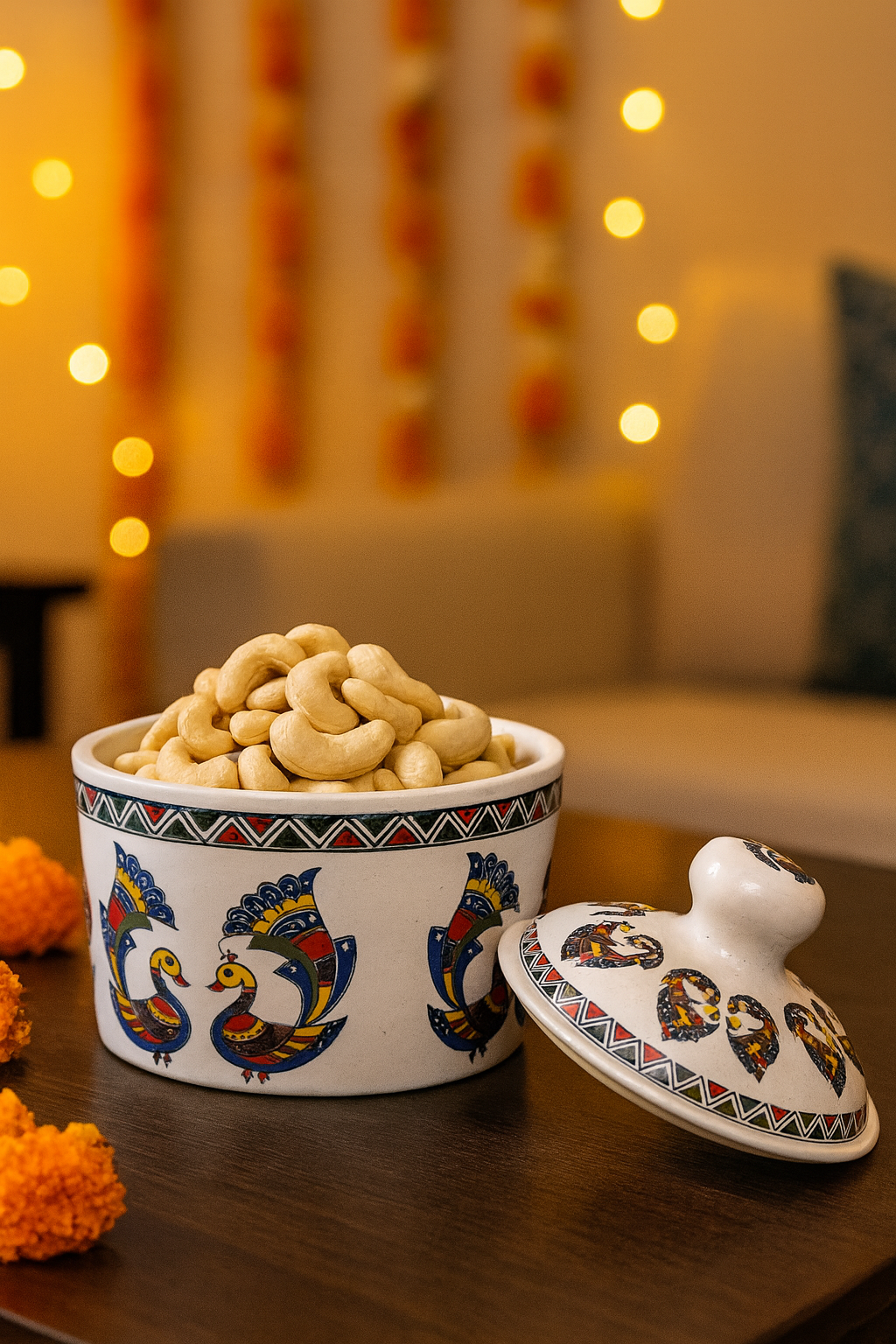 Ceramic Serveware Jar with Lid – 200 ml | Hand-Painted Peacock Design | Dry Fruit & Snack Container for Guests & Festive Gatherings