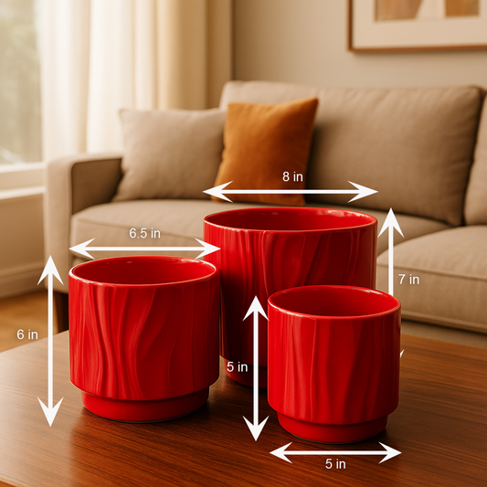 Premium Ceramic Cherry Red Abstract Planters | Set of 3 Artistic Pots | Modern Home Décor