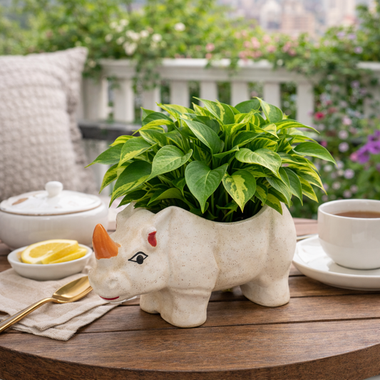 House of Elegance Hub Rhino Shaped Ceramic Planter | Animal Design Decorative Plant Pot for Home & Office | Indoor Tabletop Planter (21 cm Length, 12 cm Height)