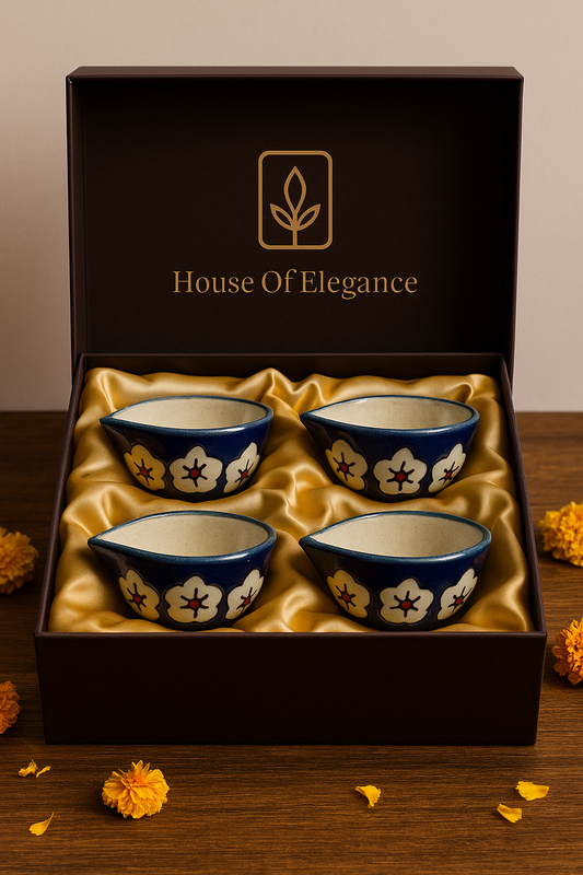 Decorative Blue with white flowers Ceramic Diyas | Set of 4 Hand-Painted Flower Motif Diyas | Elegant Diwali & Festive Décor
