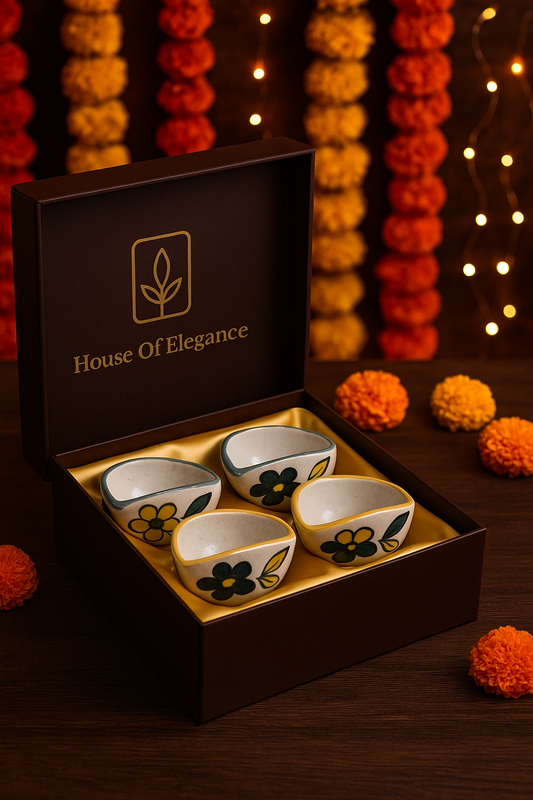 Decorative Blue Pottery Ceramic Diyas | Set of 4 Hand-Painted Flower Motif Diyas | Elegant Diwali & Festive Décor