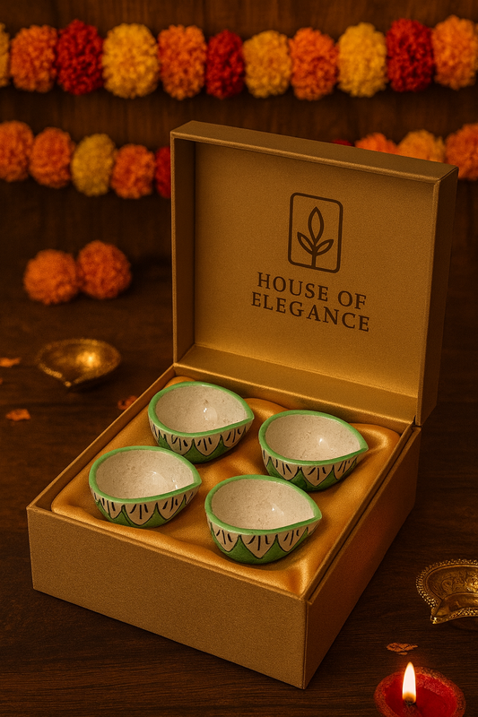 Decorative Blue Pottery Ceramic Diyas | Set of 4 Hand-Painted Flower Motif Diyas | Elegant Diwali & Festive Décor