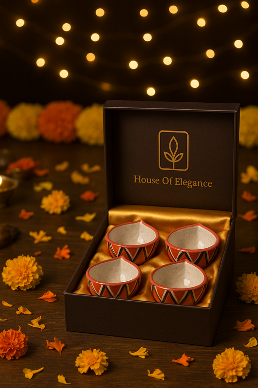 Decorative Blue Pottery Ceramic Diyas | Set of 4 Hand-Painted Flower Motif Diyas | Elegant Diwali & Festive Décor | Red with Black design