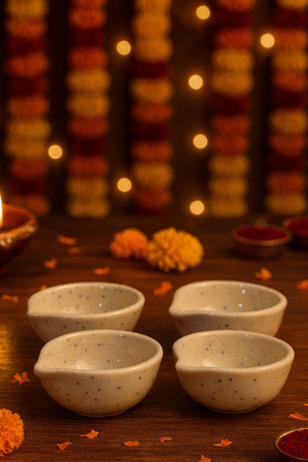 Decorative Blue Pottery Ceramic Diyas | Set of 4 Diyas | Elegant Diwali & Festive Décor | white