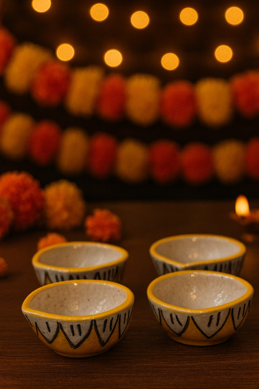 Decorative Blue Pottery Ceramic Diyas | Set of 4 Hand-Painted Flower Motif Diyas | Elegant Diwali & Festive Décor