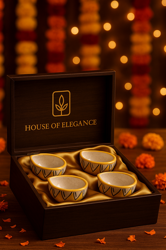 Decorative Blue Pottery Ceramic Diyas | Set of 4 Hand-Painted Flower Motif Diyas | Elegant Diwali & Festive Décor