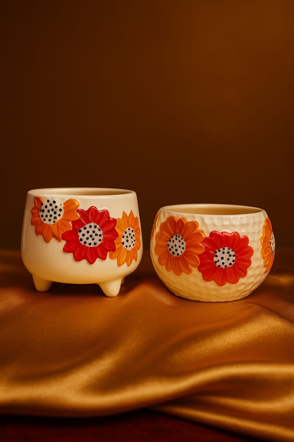 Beautiful Ceremic Red & Yellow Flowers (Oval & Legged) Combination planter set