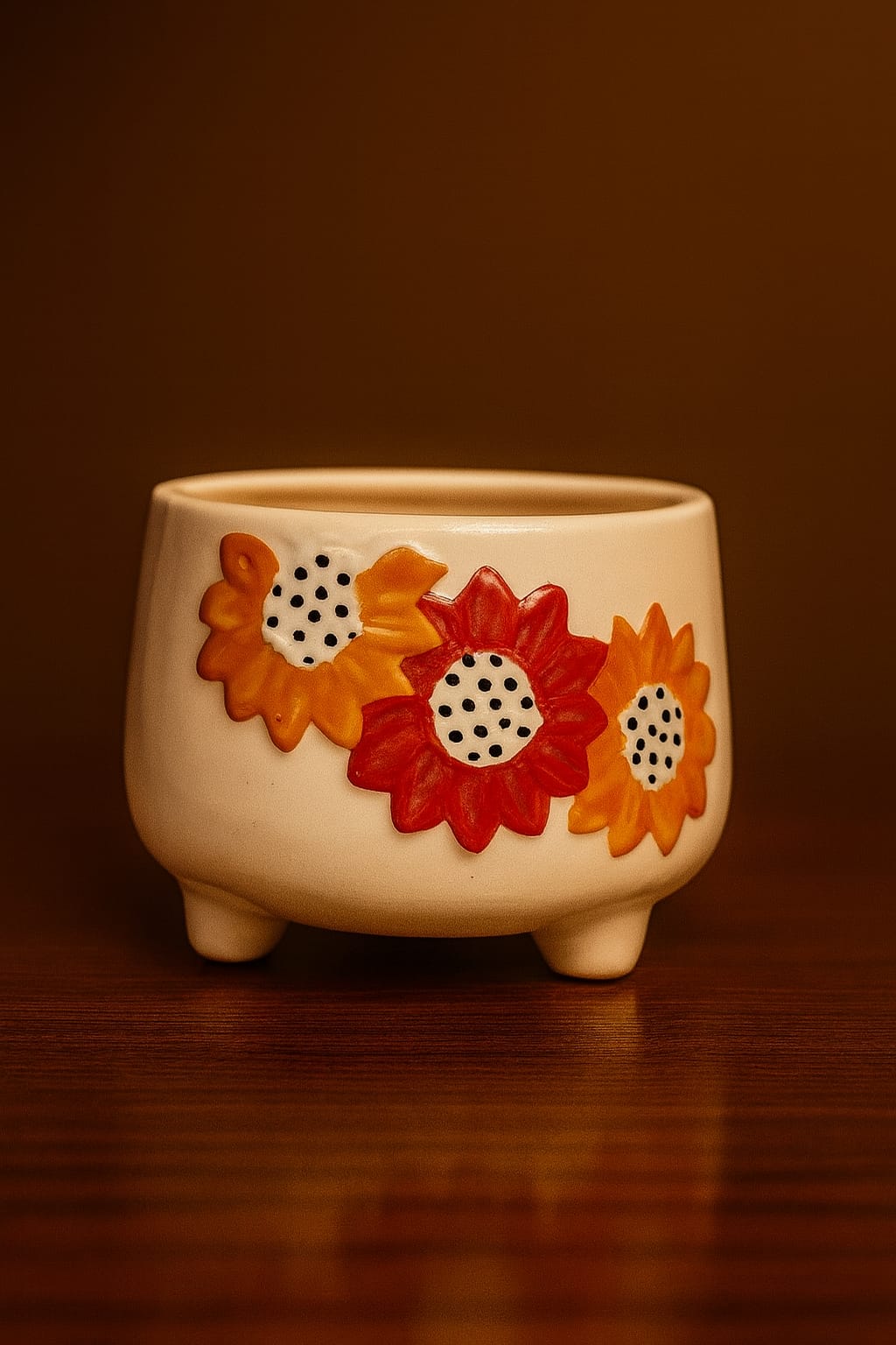 Three legged Ceremic Yellow & Red Flower Planter