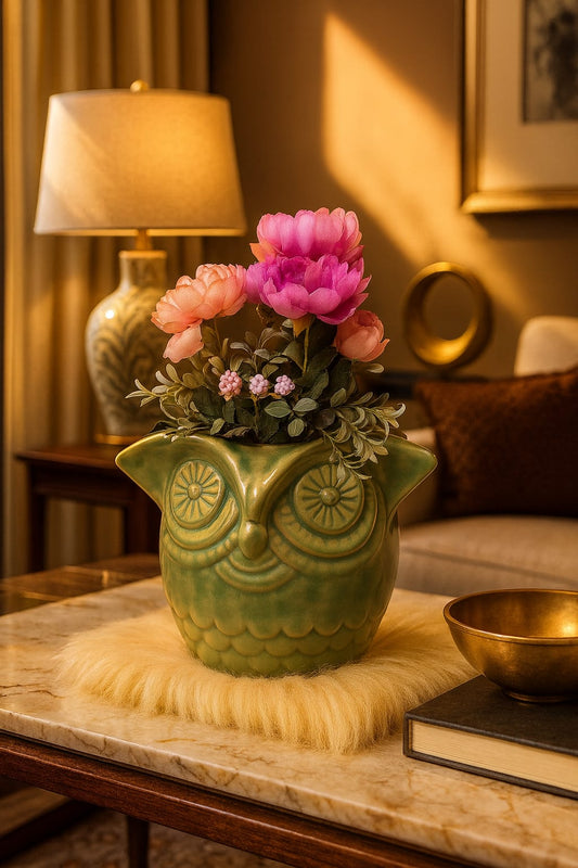 Owl Ceramic Planter – Elegant Green Finish