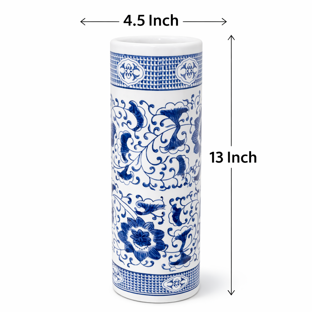 House of Elegance Hub 13 Inch Imported Porcelain Decorative Flower Vase | Blue & White Ceramic Tall Vase for Living Room, Table, Shelf & Home Decor | Elegant Floral Design Vase