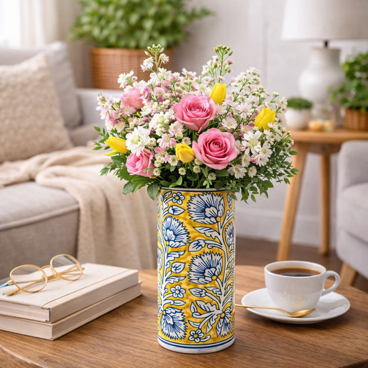 House of Elegance Hub Handcrafted Ceramic Tall Vase | Yellow & Blue Floral Design | 26 cm Decorative Flower Vase for Living Room, Dining Table & Home Décor