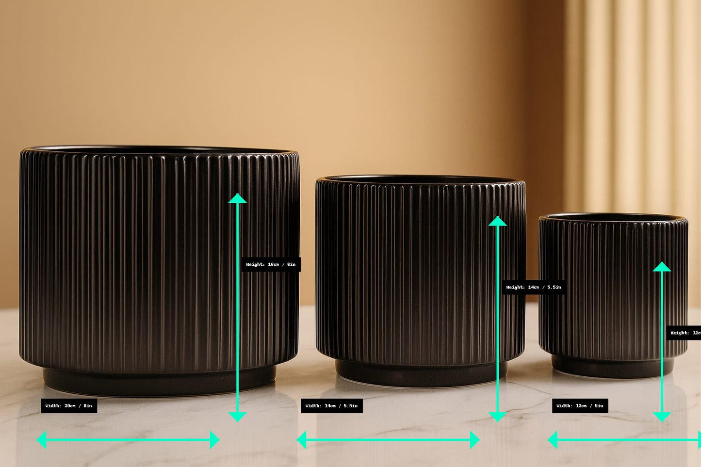 Modern Black / White Ceramic Planter (Set of 3 ) | Elegant Black / White Ribbed Design