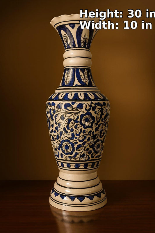 House of Elegance Decorative Ceramic Big Vase with Blue Floral Design | 30 in Height x 10 in Width | White and Blue