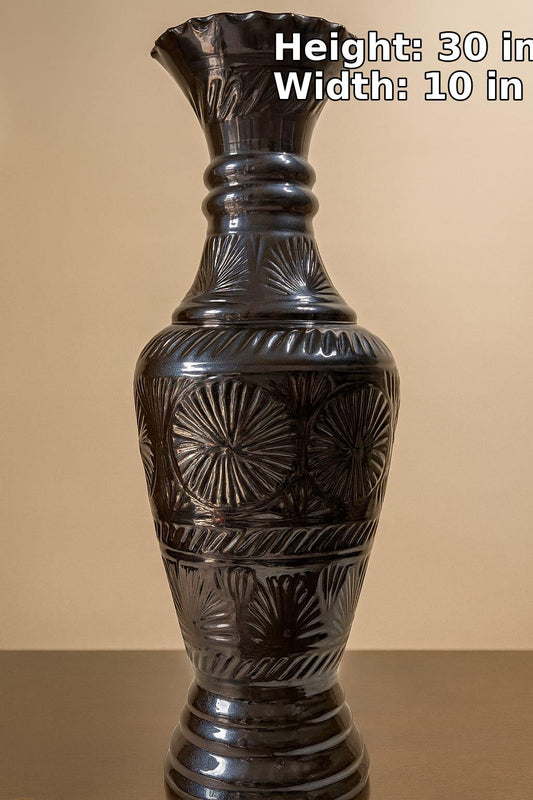 Ceramic Floor Vase | Traditional Black Floral Pattern | Glazed Finish