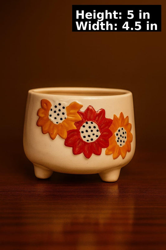 Three legged Ceremic Yellow & Red Flower Planter