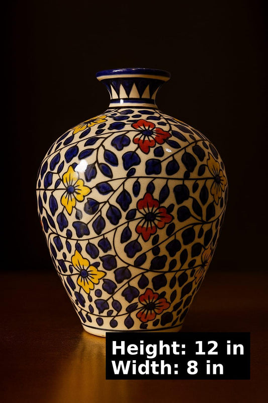 House of Elegance Hub Decorative Ceramic Flower Vase | Blue and Yellow Floral Pattern | Blue Pottery | 30 cm x 20 cm | Home Decor