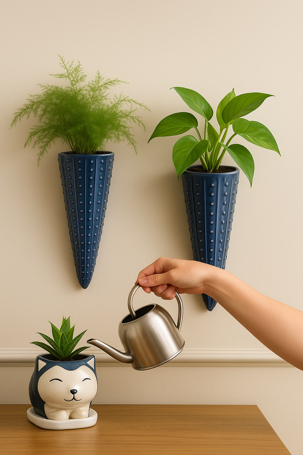 Blue Ceramic Wall Hanging Vase (Set of 2) – Long Cone Flower Holder (25 × 7 cm)