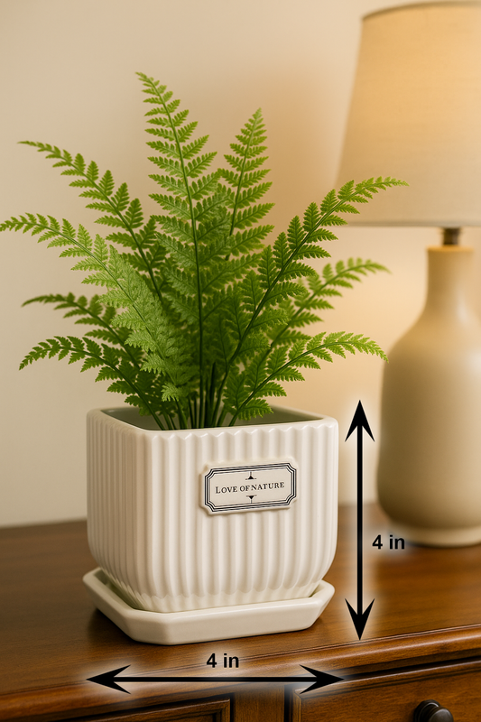 Elegant White Square Ribbed Ceramic Planter – 4x4 Inch | Luxury Indoor Plant Pot with “Love of Nature” Label | HouseOfEleganceHub | Premium Export Collection | Designer Ceramic Planter for Home & Office Décor