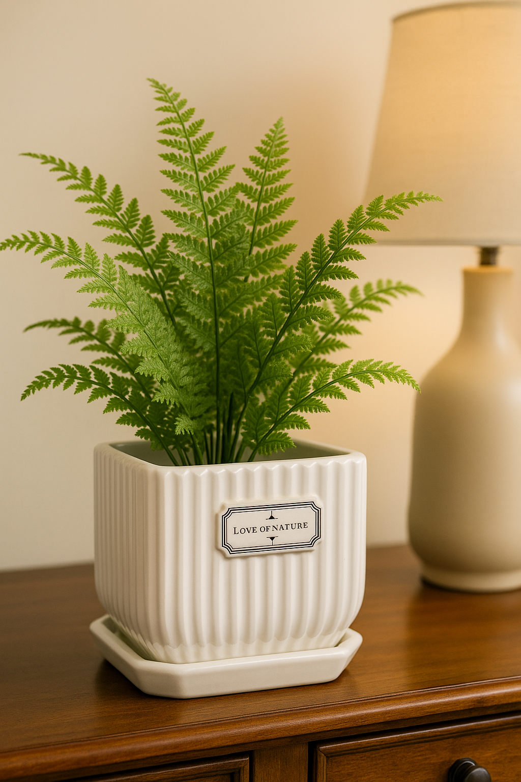 Elegant White Square Ribbed Ceramic Planter – 4x4 Inch | Luxury Indoor Plant Pot with “Love of Nature” Label | HouseOfEleganceHub | Premium Export Collection | Designer Ceramic Planter for Home & Office Décor