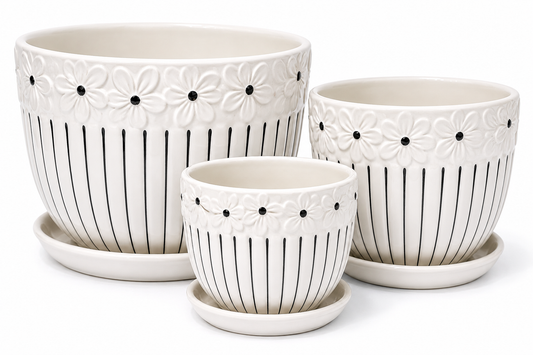 House of Elegance Hub Ceramic Planter Set of 3 with Tray | Premium White Embossed Flower Pots for Indoor Plants | Modern Decorative Ceramic Plant Pots for Living Room, Balcony, Office & Home Décor