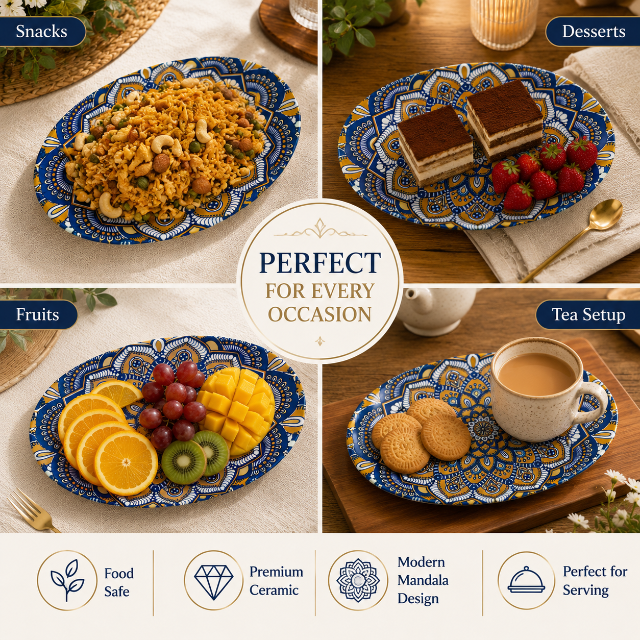 House of Elegance Hub Oval Ceramic Serving Plate | Mandala Design Decorative Platter for Snacks, Desserts, Fruits & Tea Serving | Premium Gloss Finish Oval Plate | 27 x 17 cm
