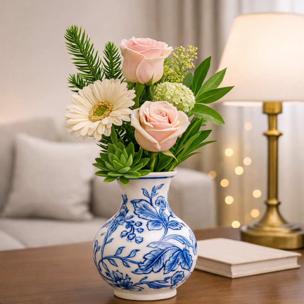 House of Elegance Hub Blue & White Porcelain Vase (16.5 cm Height) – Premium Imported Ceramic Flower Vase for Living Room, Table Decor & Home Decoration | Elegant Floral Design