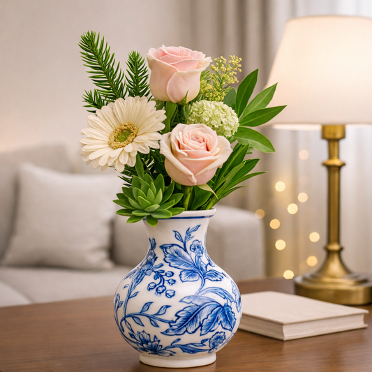 House of Elegance Hub Blue & White Porcelain Vase (16.5 cm Height) – Premium Imported Ceramic Flower Vase for Living Room, Table Decor & Home Decoration | Elegant Floral Design