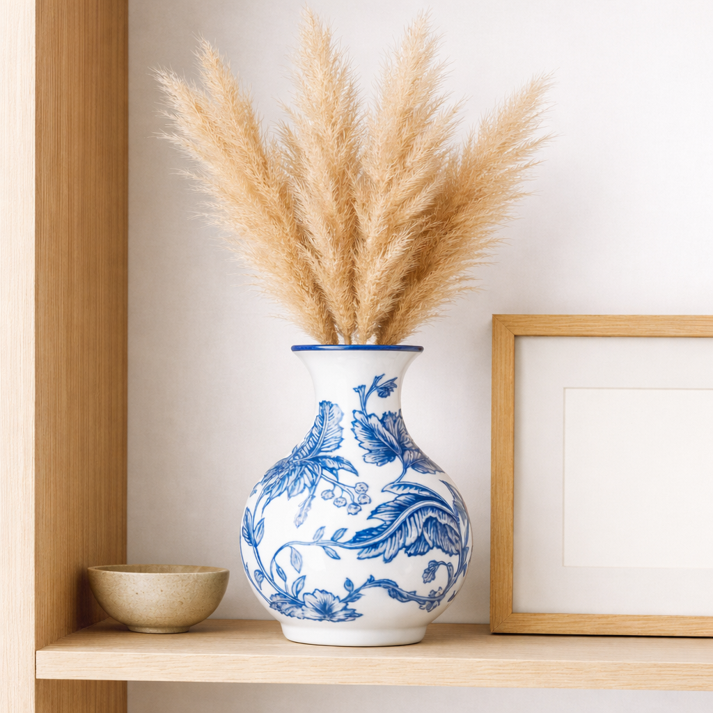 House of Elegance Hub Blue & White Porcelain Vase (16.5 cm Height) – Premium Imported Ceramic Flower Vase for Living Room, Table Decor & Home Decoration | Elegant Floral Design