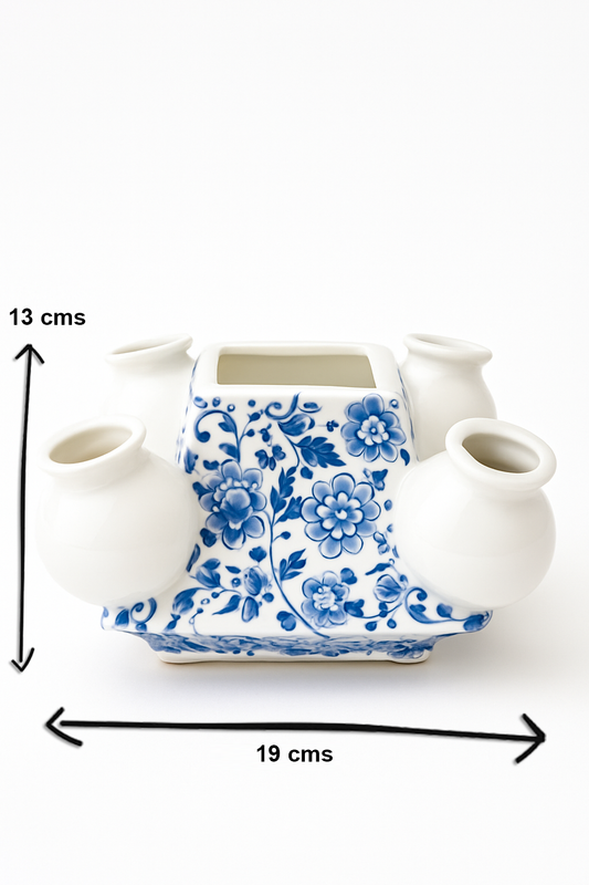 Blue & White Multi-Mouth Ceramic Flower Vase – 4 Mouth Delft-Style Table Decor (13 cm x 19 cm)