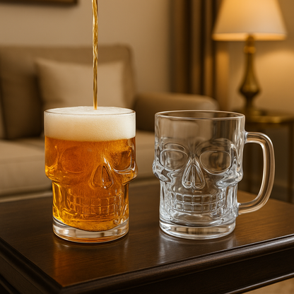 Set of 2 Skull Shaped Beer Mugs 540 ml | Transparent Glass Beer Mugs for Bar & Home | 15 cm × 13 cm