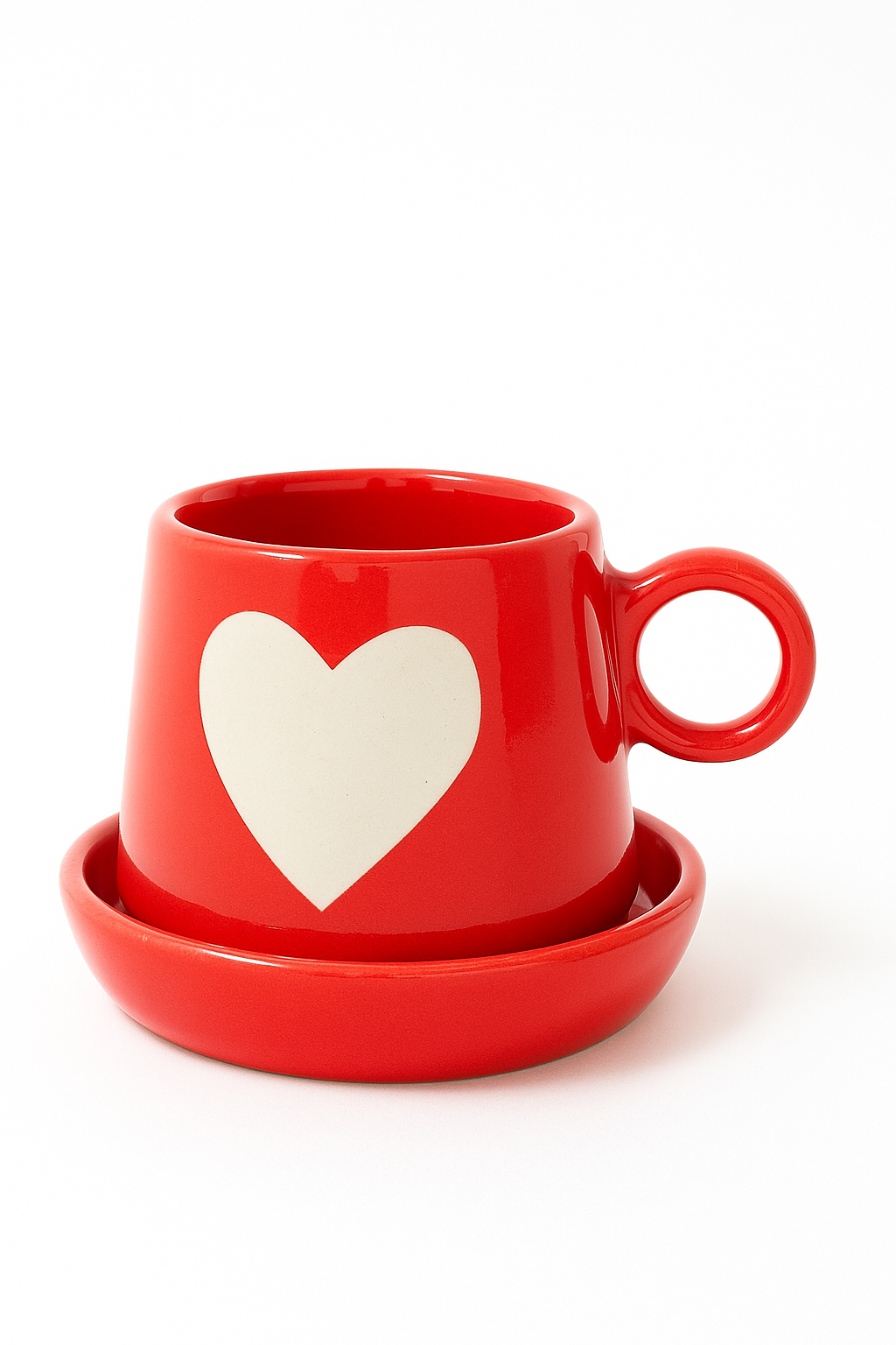 Red Heart Ceramic Cup with Saucer | Cute Coffee Mug Set | 9 cm Height × 8 cm Top Diameter