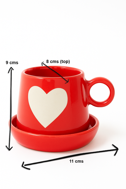 Red Heart Ceramic Cup with Saucer | Cute Coffee Mug Set | 9 cm Height × 8 cm Top Diameter