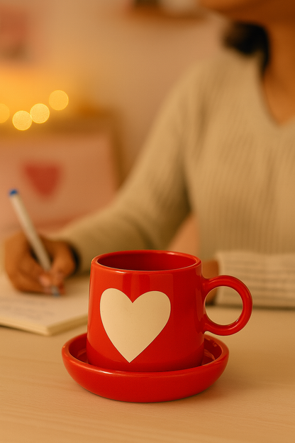 Red Heart Ceramic Cup with Saucer | Cute Coffee Mug Set | 9 cm Height × 8 cm Top Diameter