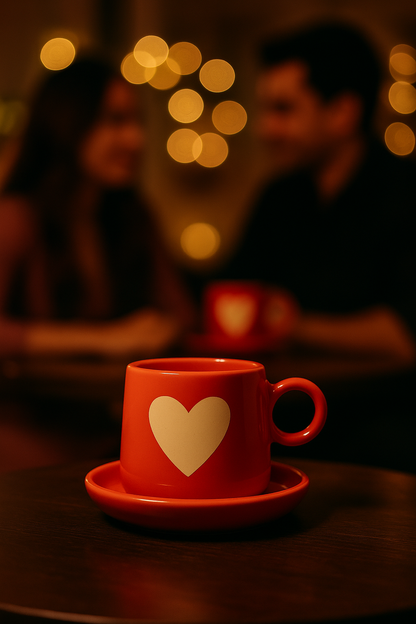 Red Heart Ceramic Cup with Saucer | Cute Coffee Mug Set | 9 cm Height × 8 cm Top Diameter