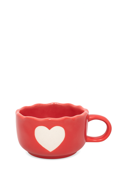 Red Heart Ceramic Coffee Cup – Wavy Rim | 15 cm Length × 10.5 cm Width × 6 cm Height
