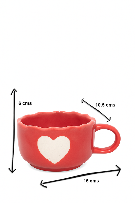 Red Heart Ceramic Coffee Cup – Wavy Rim | 15 cm Length × 10.5 cm Width × 6 cm Height