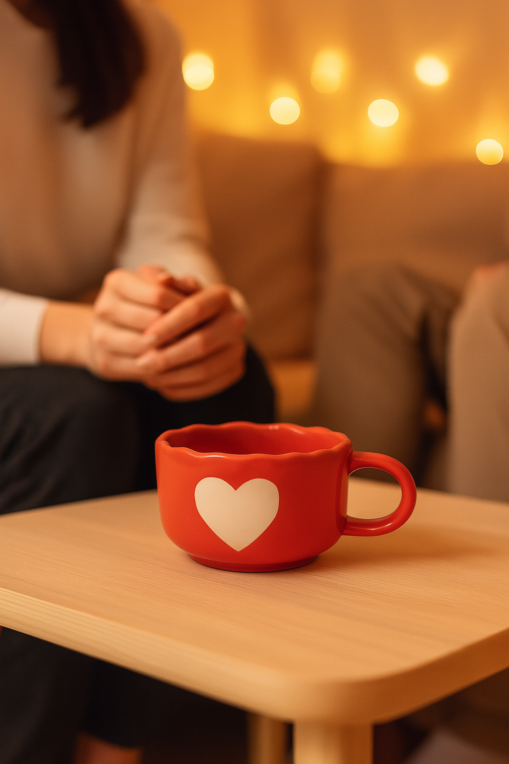 Red Heart Ceramic Coffee Cup – Wavy Rim | 15 cm Length × 10.5 cm Width × 6 cm Height