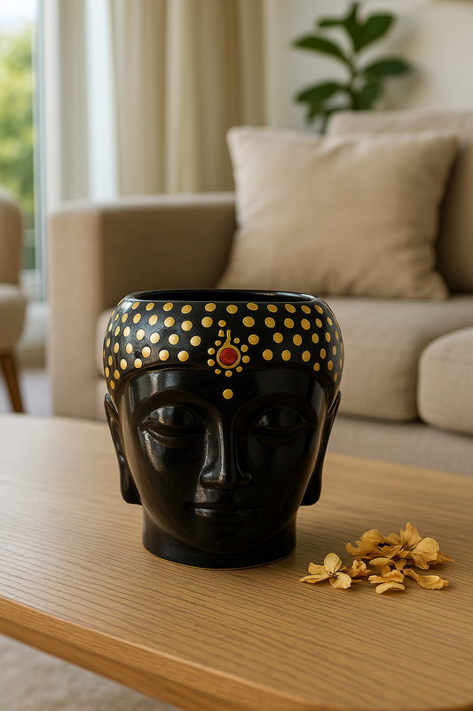 Beautiful Ceramic Indoor Outdoor Garden Buddha Head Planter | Black and Golden color | Home Decor