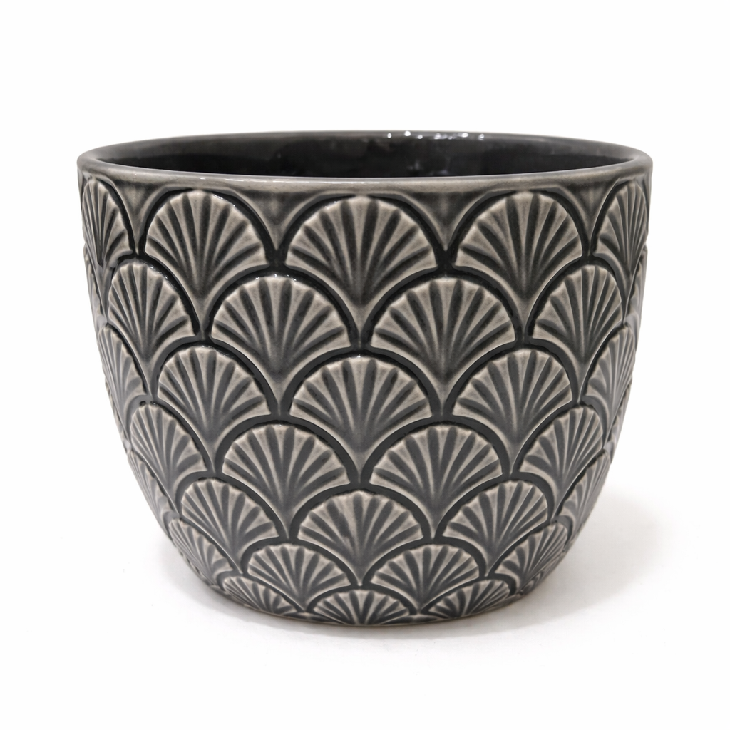 House of Elegance Hub Premium Porcelain Planter | Black Embossed Fan Texture Design | 13.5 cm Height, 13 cm Diameter | Decorative Indoor Plant Pot for Living Room, Tabletop & Home Décor