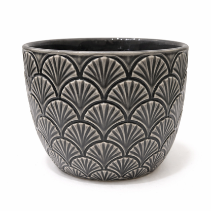 House of Elegance Hub Premium Porcelain Planter | Black Embossed Fan Texture Design | 13.5 cm Height, 13 cm Diameter | Decorative Indoor Plant Pot for Living Room, Tabletop & Home Décor