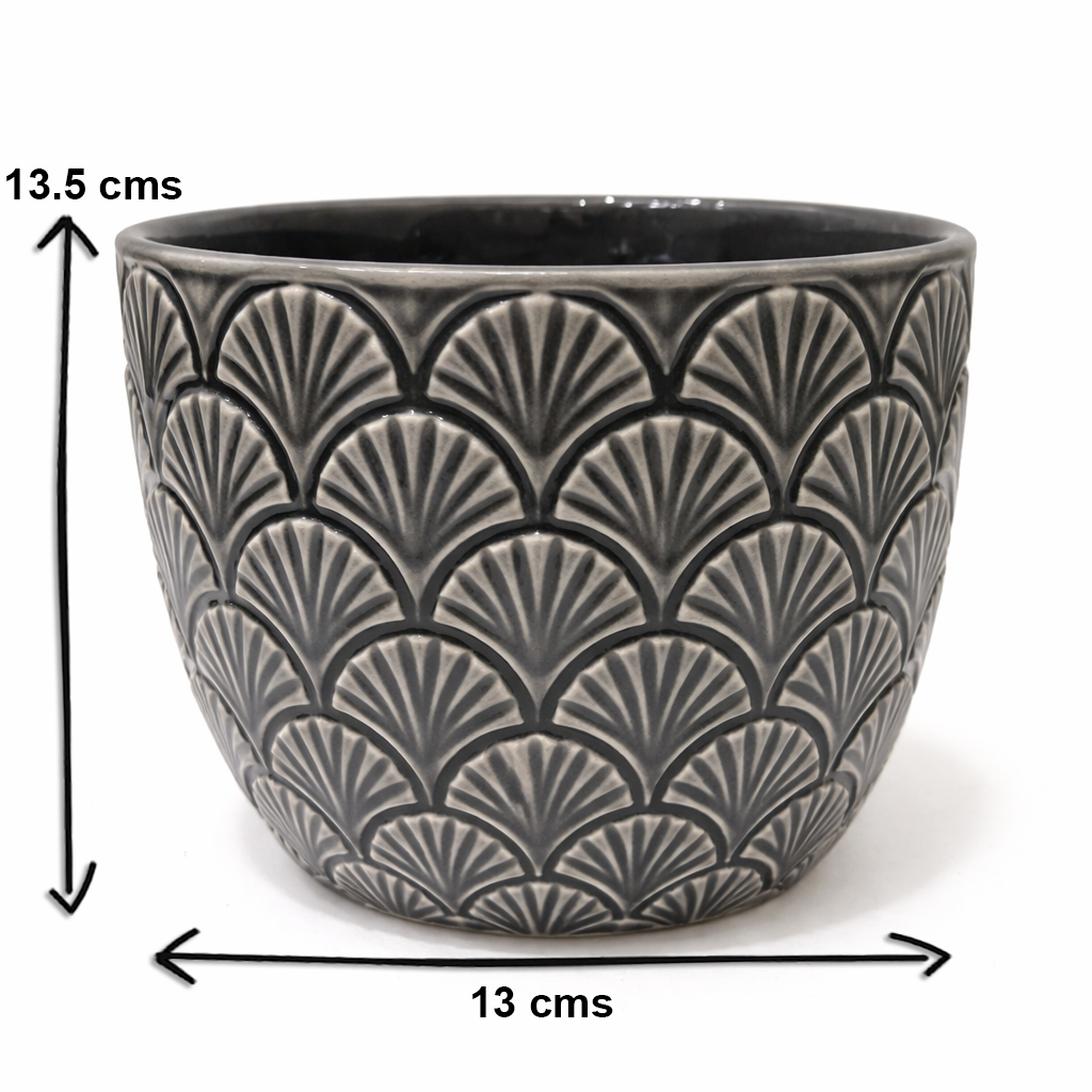 House of Elegance Hub Premium Porcelain Planter | Black Embossed Fan Texture Design | 13.5 cm Height, 13 cm Diameter | Decorative Indoor Plant Pot for Living Room, Tabletop & Home Décor