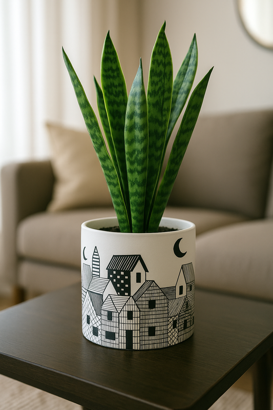 Black & White Ceramic Planter | Handcrafted Pot with Artistic House Design | 5 inch