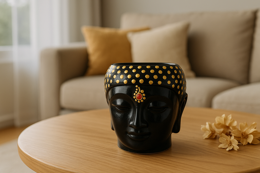Beautiful Ceramic Indoor Outdoor Garden Buddha Head Planter | Black and Golden color | Home Decor