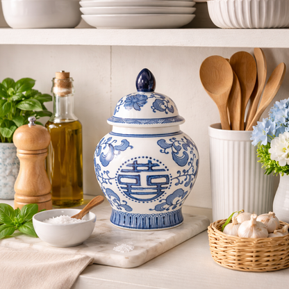 House of Elegance Hub Handcrafted Porcelain Ginger Jar with Lid | Blue & White Lidded Urn | 23 cm Height, 15 cm Width | Traditional Decorative Jar for Living Room, Tabletop & Home Décor
