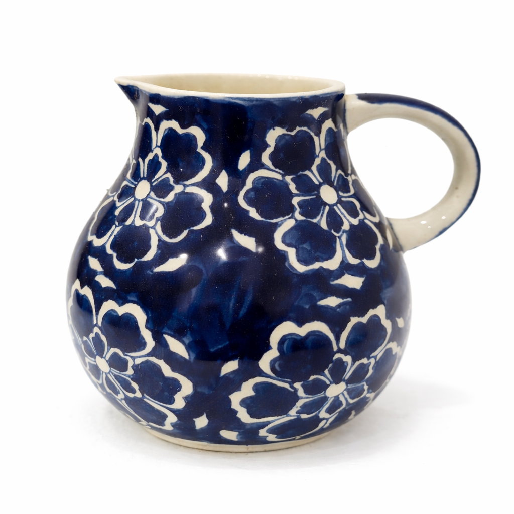 House of Elegance Hub Handcrafted Blue Ceramic Jug | Floral Printed Water & Juice Pitcher | Multipurpose Flower Vase | 19 cm Decorative Jug for Dining, Kitchen & Balcony