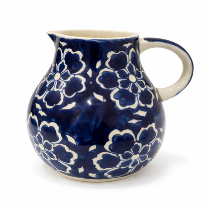 House of Elegance Hub Handcrafted Blue Ceramic Jug | Floral Printed Water & Juice Pitcher | Multipurpose Flower Vase | 19 cm Decorative Jug for Dining, Kitchen & Balcony